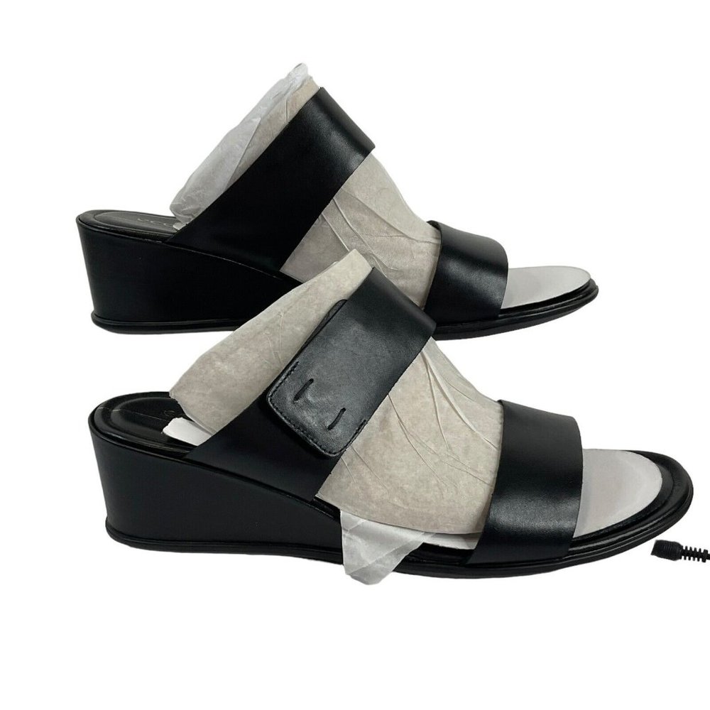 Ecco Shoes Women Sandals Sz 9-9.5 EU 40 Shape 35 Wedge Black Leather $150 Nib - Picture 1 of 13